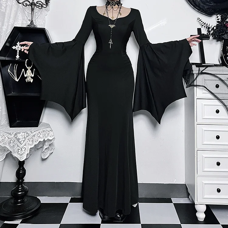 Halloween Gothic Dark Mermaid Hem Flare Sleeve Dress