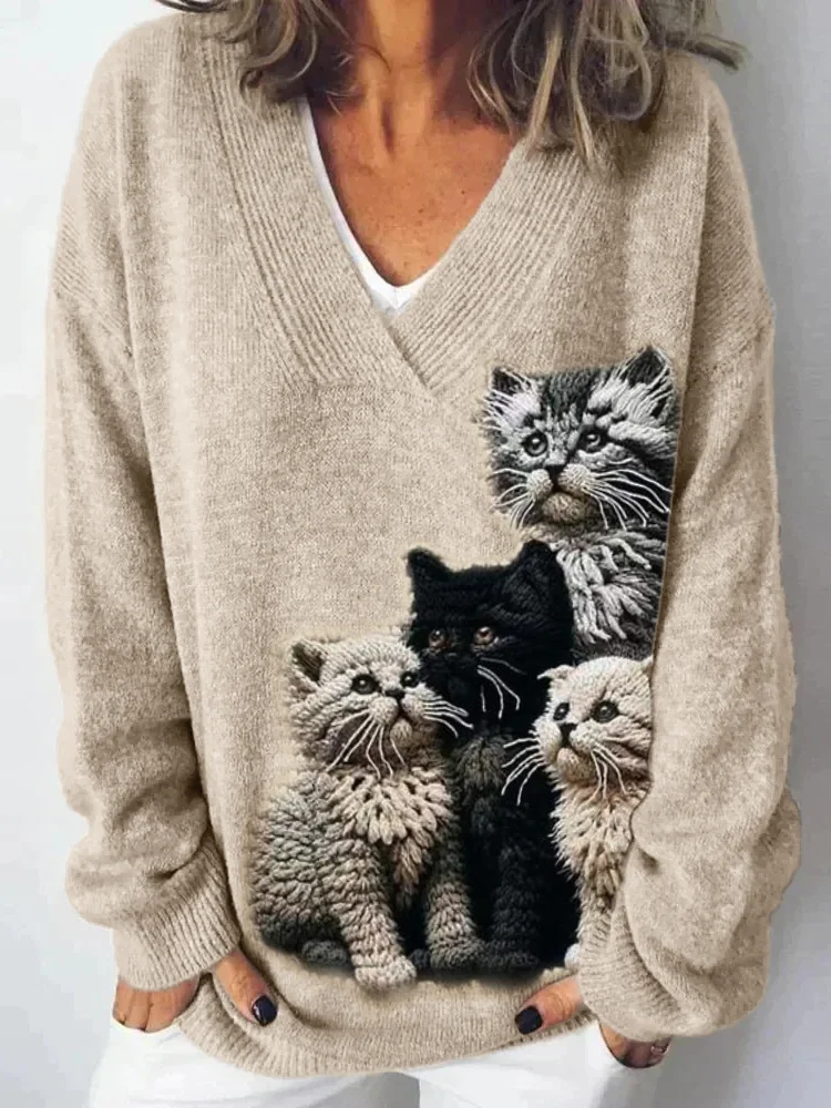 Fuzzy Cats Crochet Art V Neck Cozy Knit Sweater