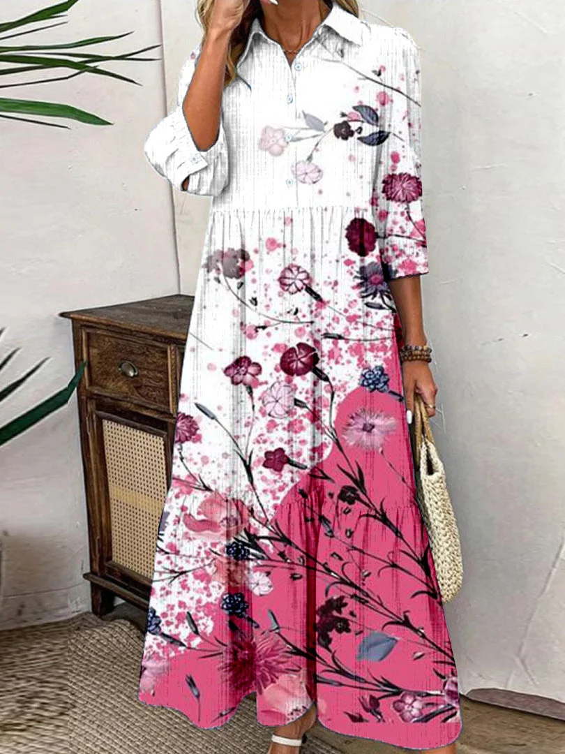 Women Half Sleeve Shirt Collar Floral Printed Graphic Button Maxi Dress