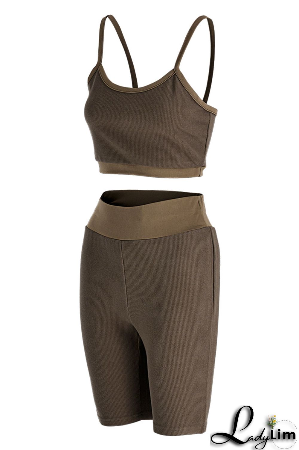 Khaki Casual Sportswear Solid Backless Spaghetti Strap Sleeveless Two Pieces