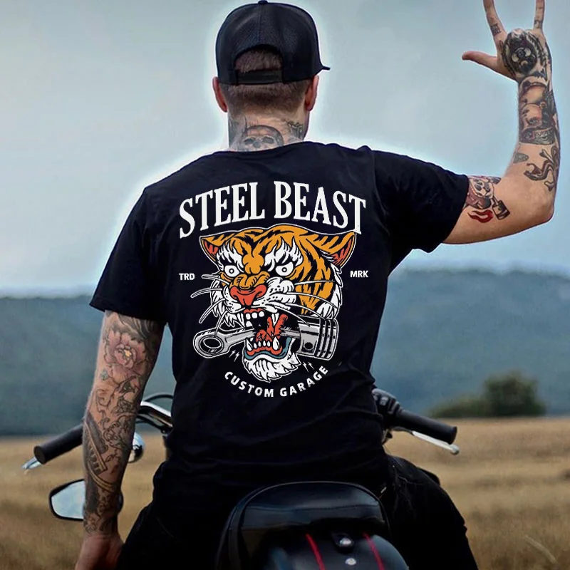 STEEL BEAST CUSTOM GARAGE Tiger With Piston Print Men's T-shirt