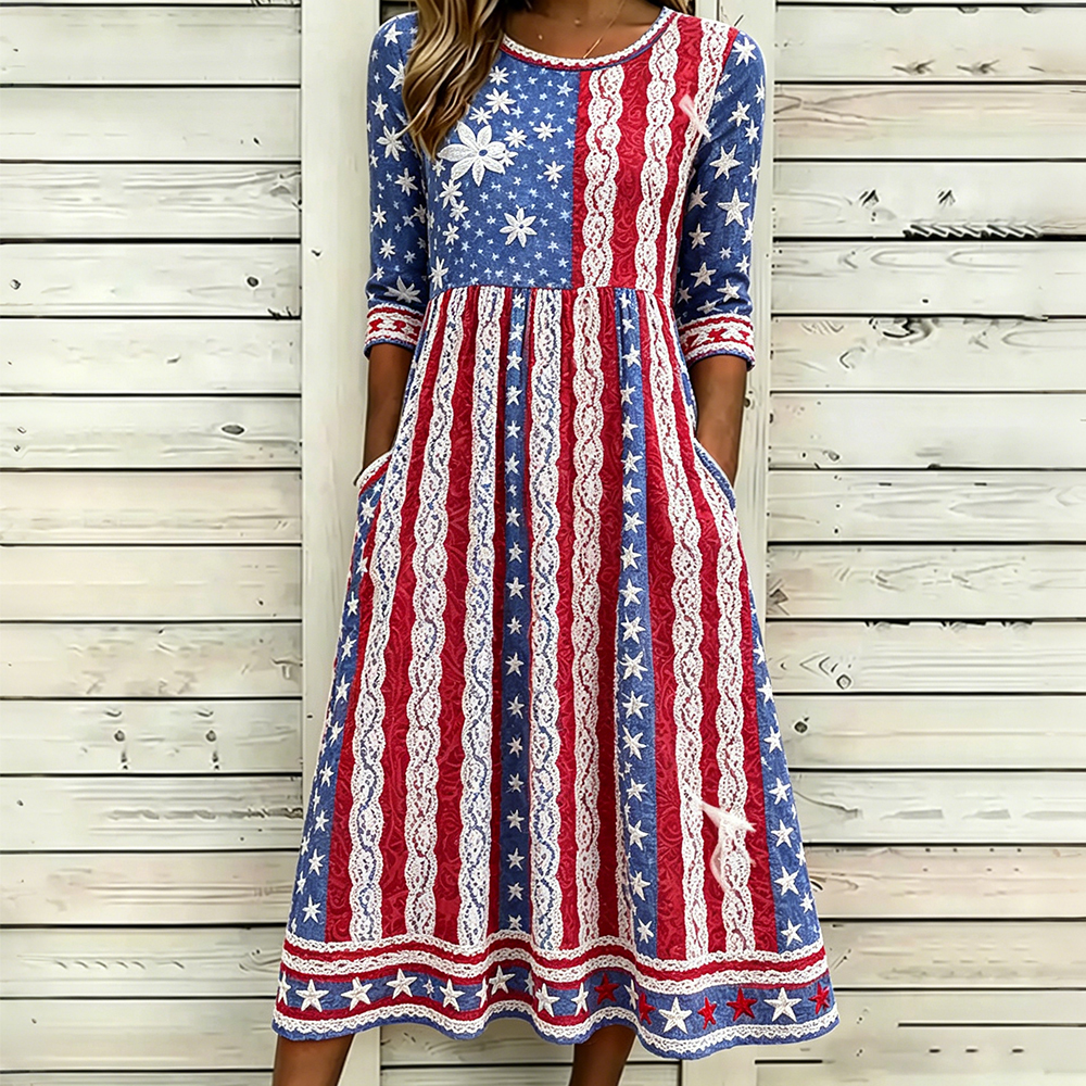  Vintage American Flag Inspired Pattern Linen Maxi Dress Westsshops