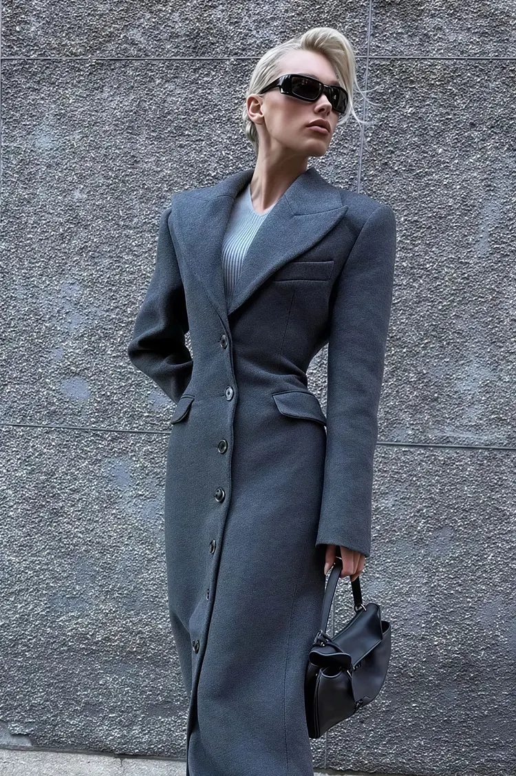 Wool Blend Elegant Lapel High Waist Long  Overcoat