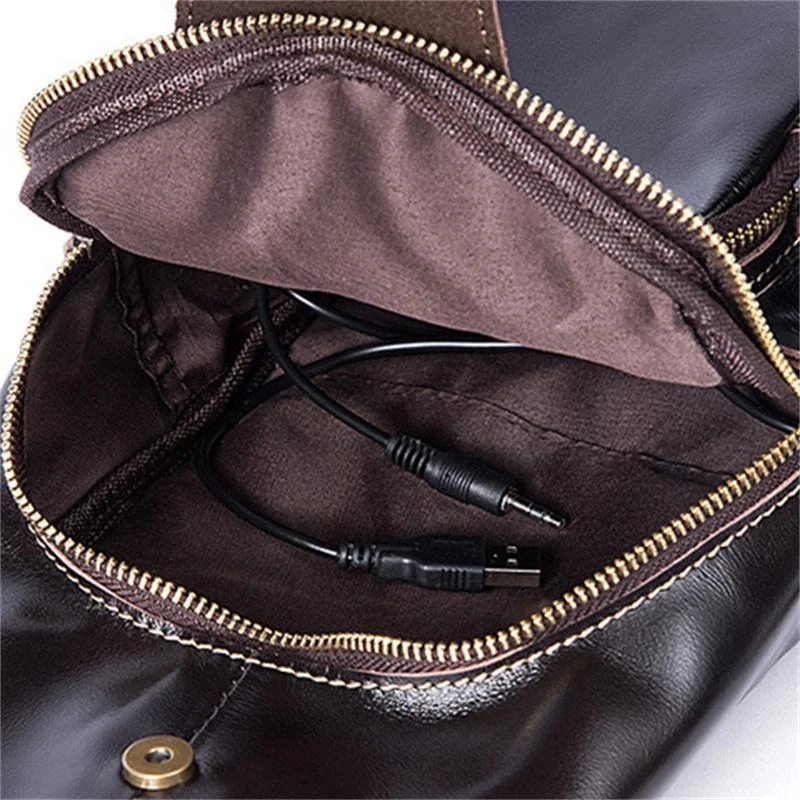 Men's Chest Bag Fashion Casual Leather Crossbody Bag With Earphone Hole And Usb Charging Port