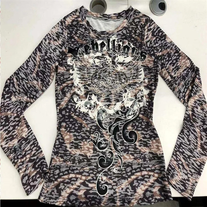 Xingqing Vintage Fashion Crown Print Y2K Female T-shirt Autumn Top Tee Aesthetic Long Sleeve T Shirt Grunge Fairycore Pullovers