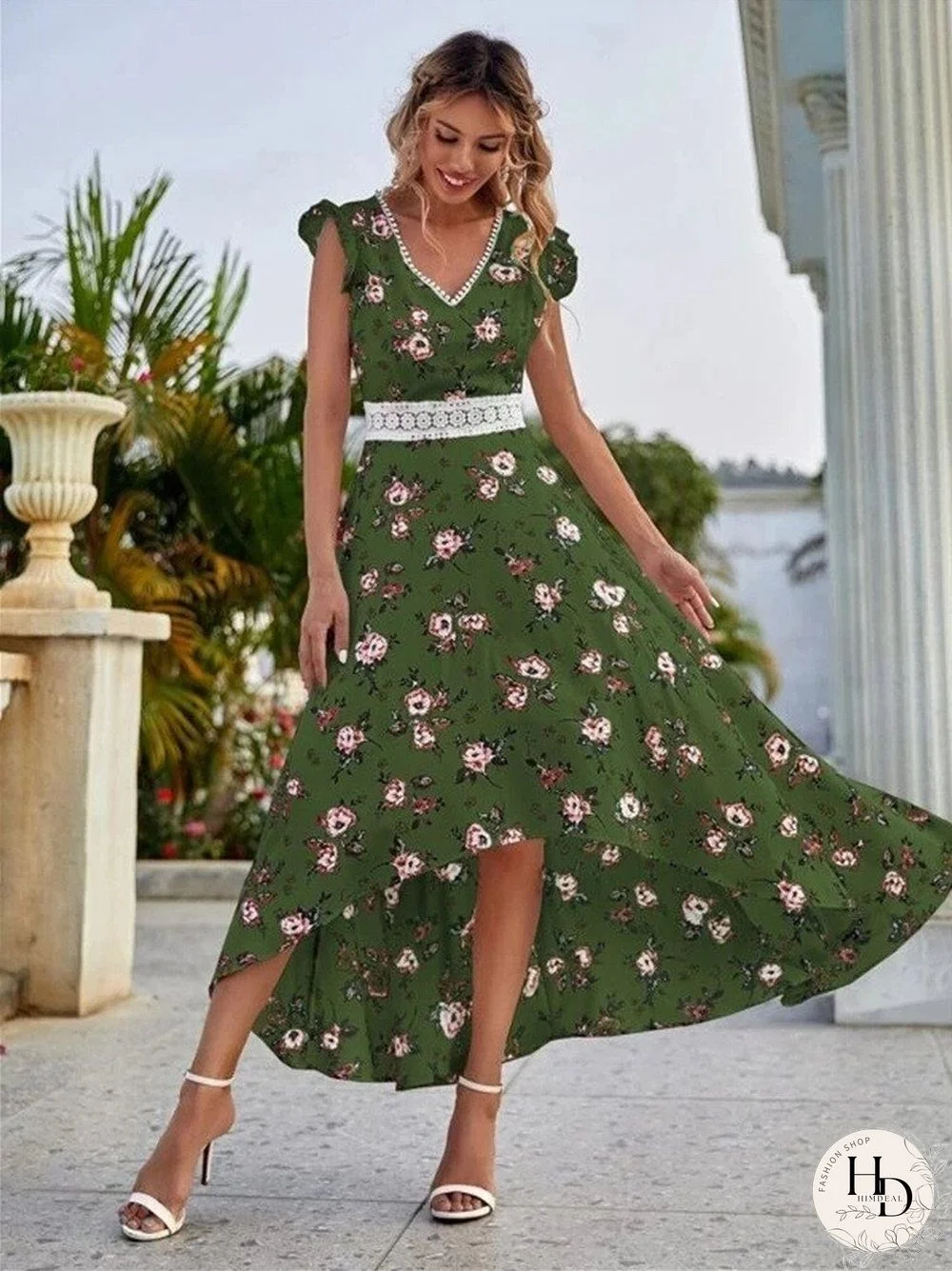 New Ladies Printed Sleeveless Skirt Fashion Temperament Lace V-neck High Waist Dress Bohemian Wind Beach Sundress Dresses Women