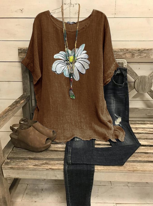 Summer Scoop Neck Casual Loose Daisy Printed T-Shirt