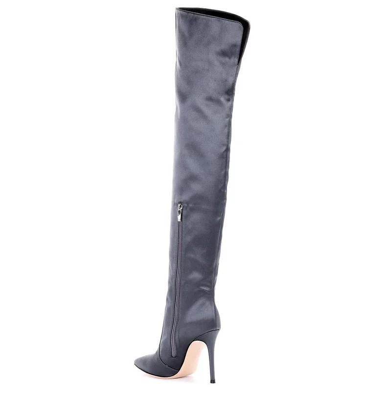 Thigh-high Boots with Pointy Toe Stiletto Heel in Grey Satin Long Boots Vdcoo