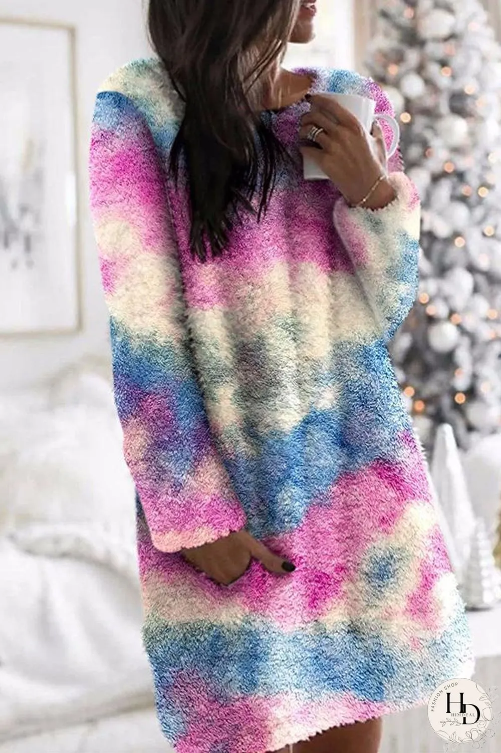 Fluffy Tie Dye Long Sleeve Mini Dress P12049