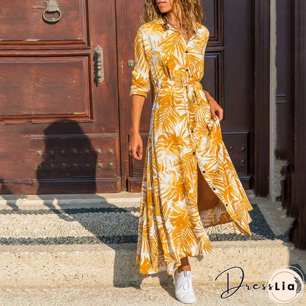 Summer Maxi Dresses Women Beach Sash Buttons Chiffon Floral A-Line Tunic Shirt Long Vacation Boho Dress Woman