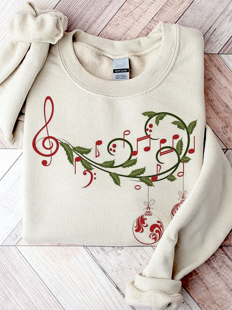 Christmas Music Notes Print Casual Cozy Sweatshirt