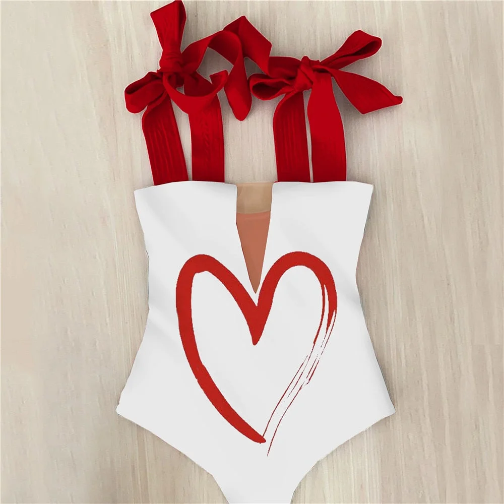 2021 New Sexy One Piece Swimsuit Shoulder Strappy Swimsuit Heart print Swimwear Women Backless Bathing Suit Beach Wear Monokini