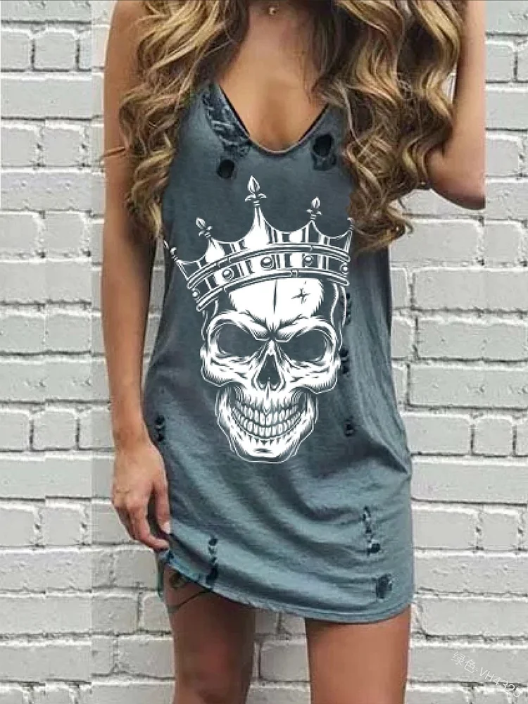 Fashion Skull Print Sleeveless Dress Casual V Neck Hole Dress P129556