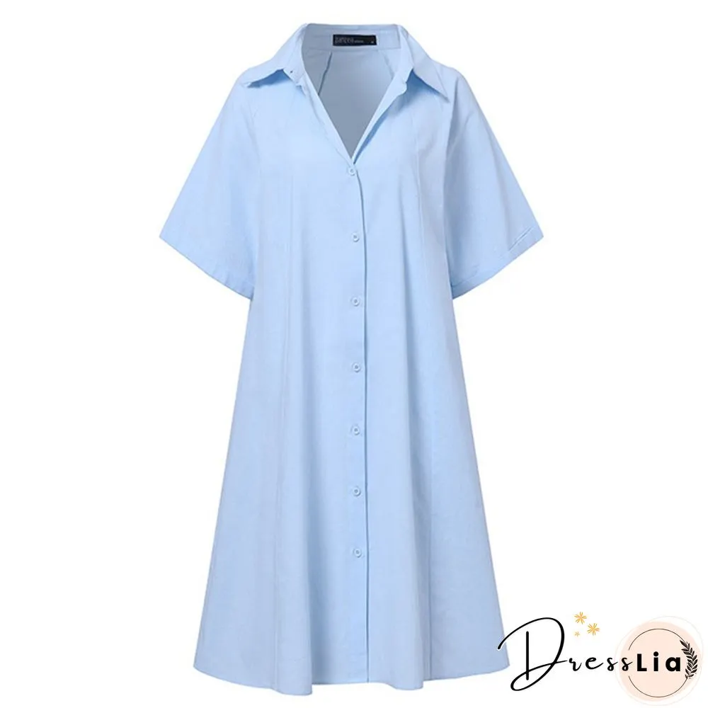 Women Loose Plain Holiday Cami Sundress Lapel Cotton Retro Party Mini Shirt Dress Plus