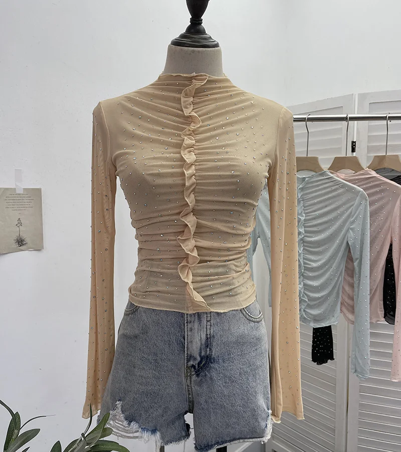 Uveng Real Shooting 2024 New Hot Diamond Half-High Collar Perspective Thin-Bottomed Shirt Mesh Top Beautiful Chic Shirt 2635