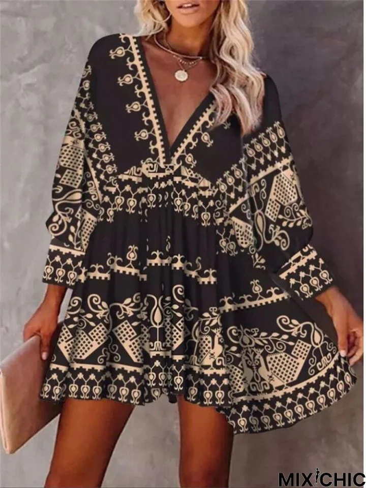 New Fashion Short Skirt Print Pullover Black Dresses