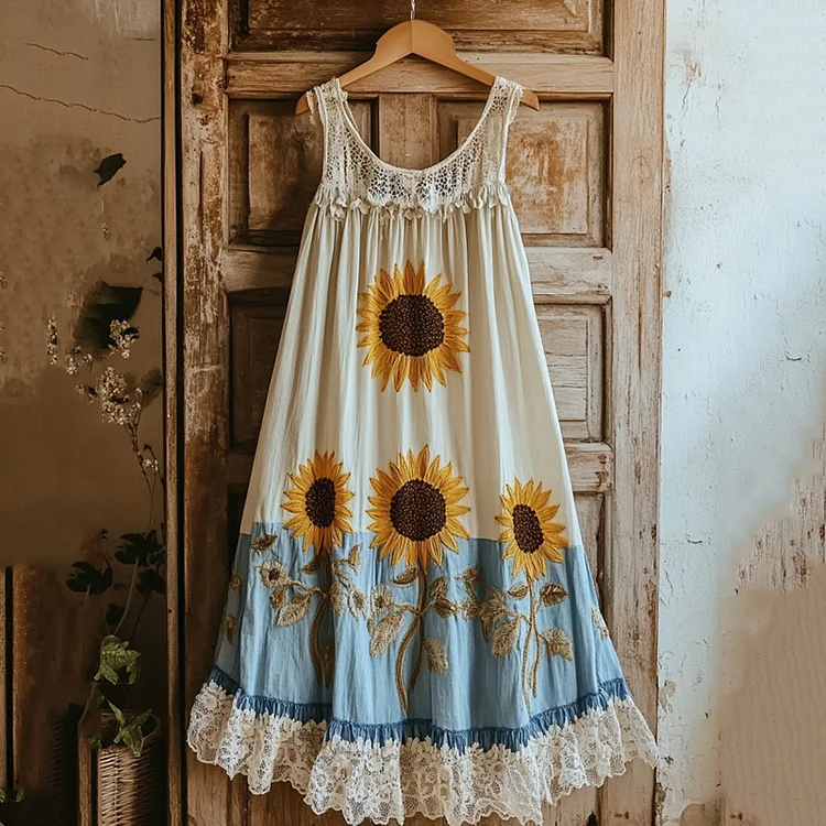 Vintage Sunflower Embroidered Lace Patchwork Art Linen Dress