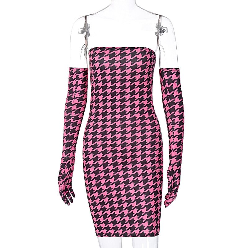 Dulzura Houndstooth Print Women Tube Mini Dress Sleeve Gloves Bodycon Sexy Streetwear 2020 Autumn Winter Party Elegant Club Slim