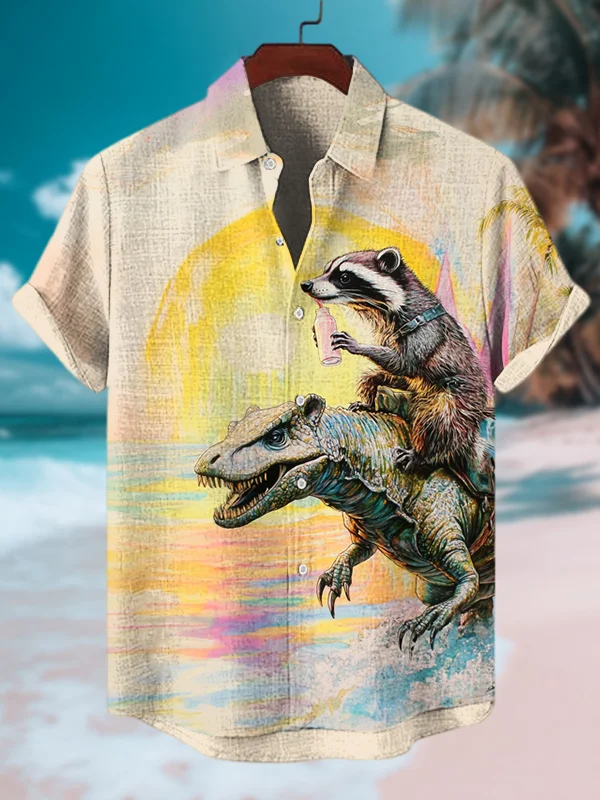 Men's Raccoon And Dinosaur Sunset Landscape Print Short Sleeve Shirt