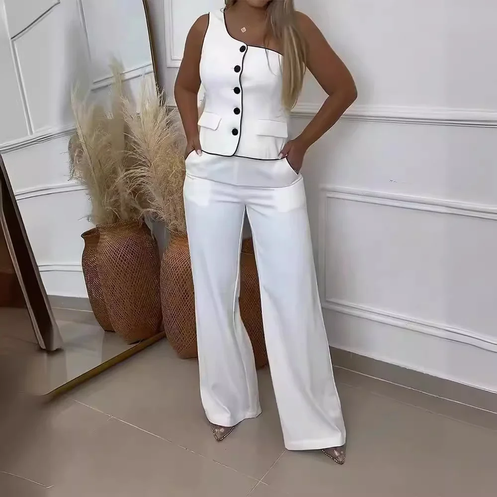 Wongn Wongn Summer Women's Wear Solid Color Diagonal Shoulder Single Breasted Sleeveless Casual Professional Suit Suit