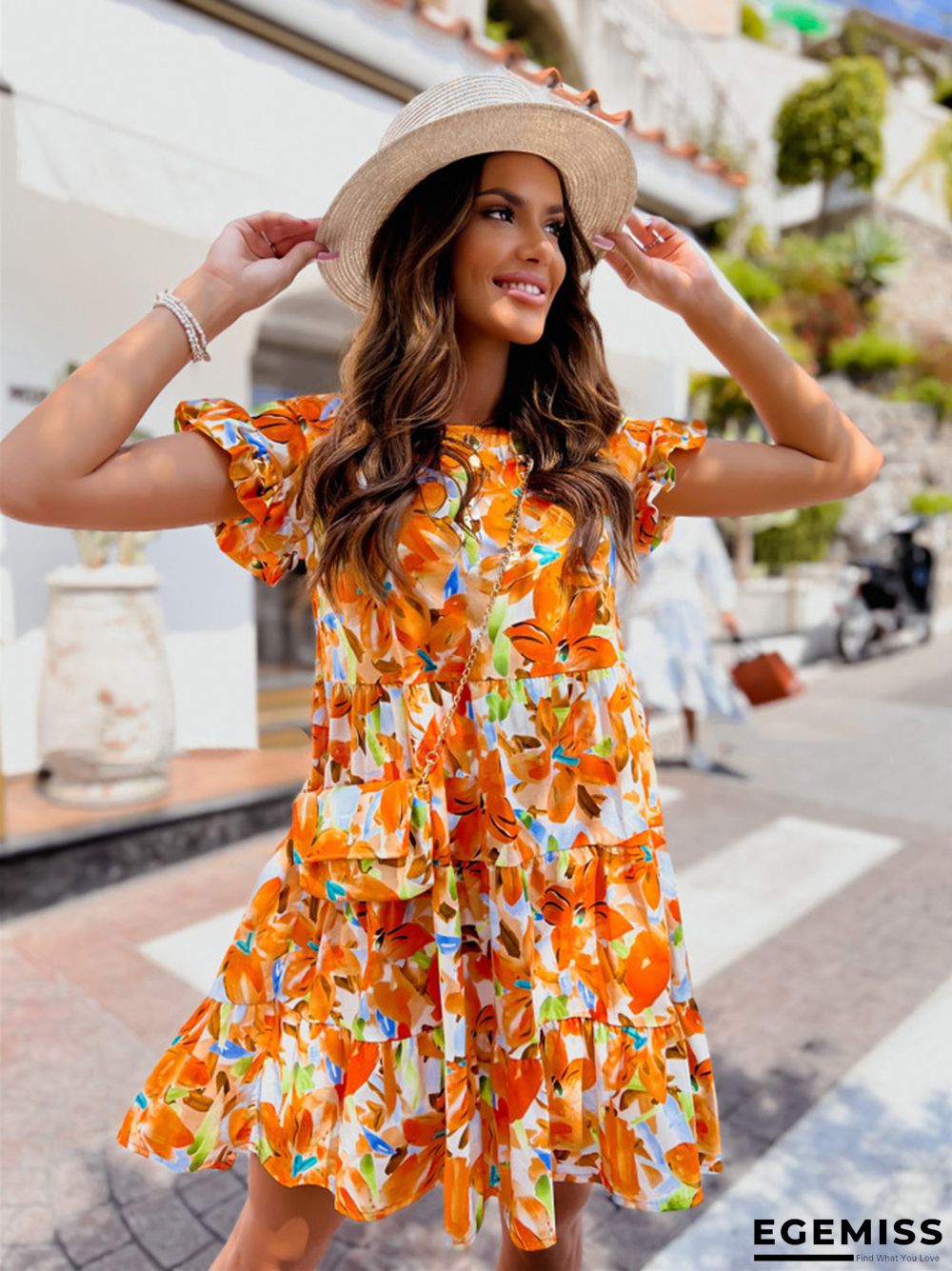 Flare Sleeve Round Neck Printed Irregular Dress | EGEMISS