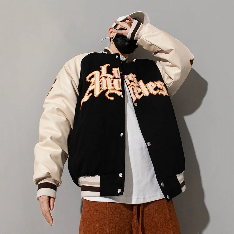 Letter Embroidery PU Leather Stitching Men's Baseball Varsity Jacket at Hiphopee