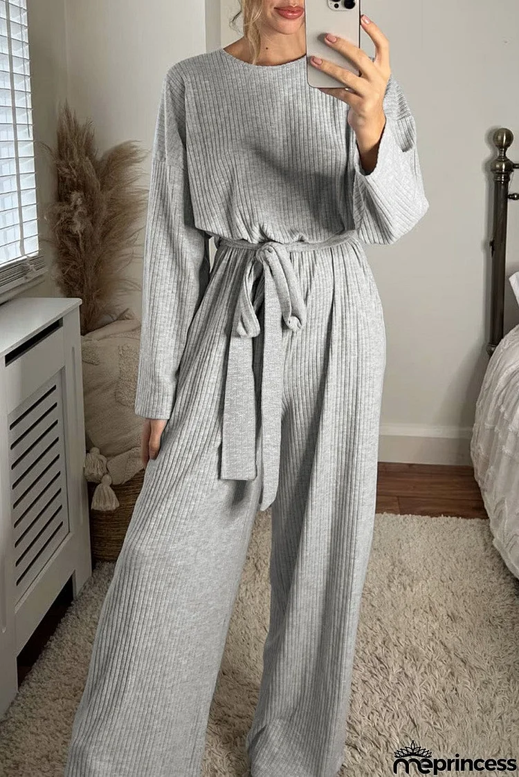 Ribbed Knit Belted Wide Leg Jumpsuit