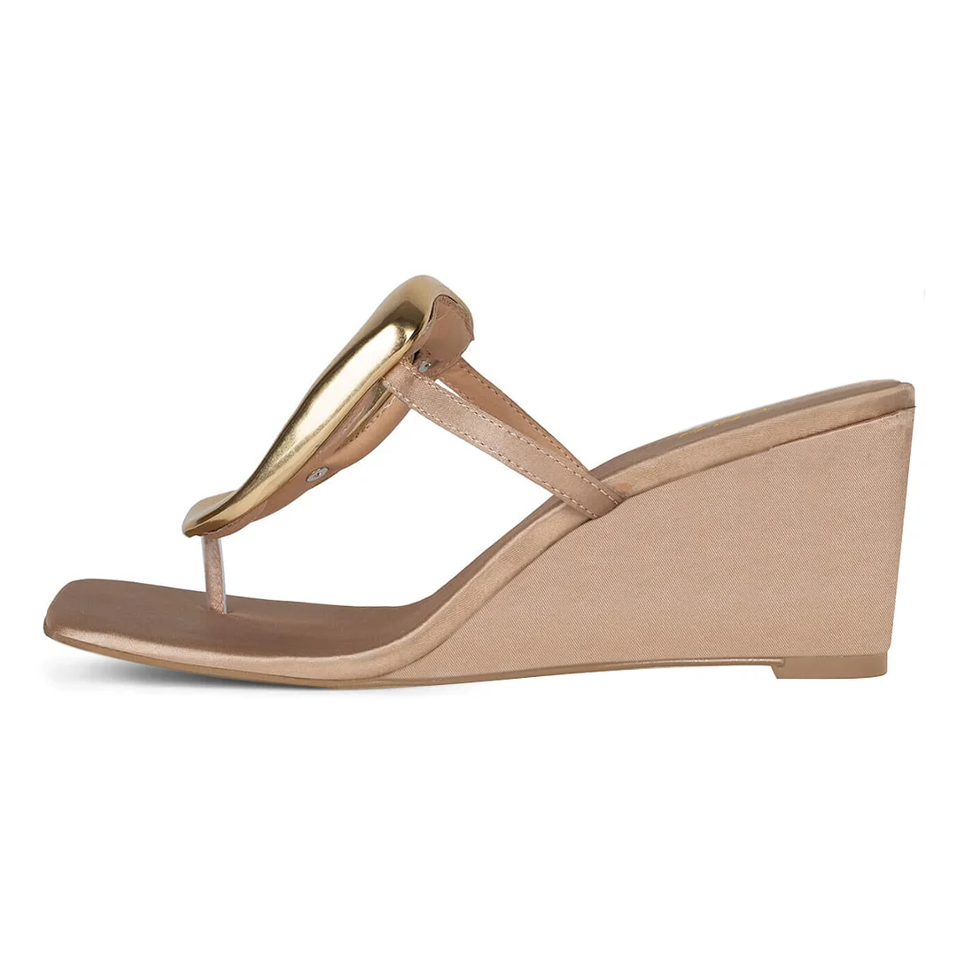 Beige Satin Square Toe Golden Buckle Sandals with Wedge Heels