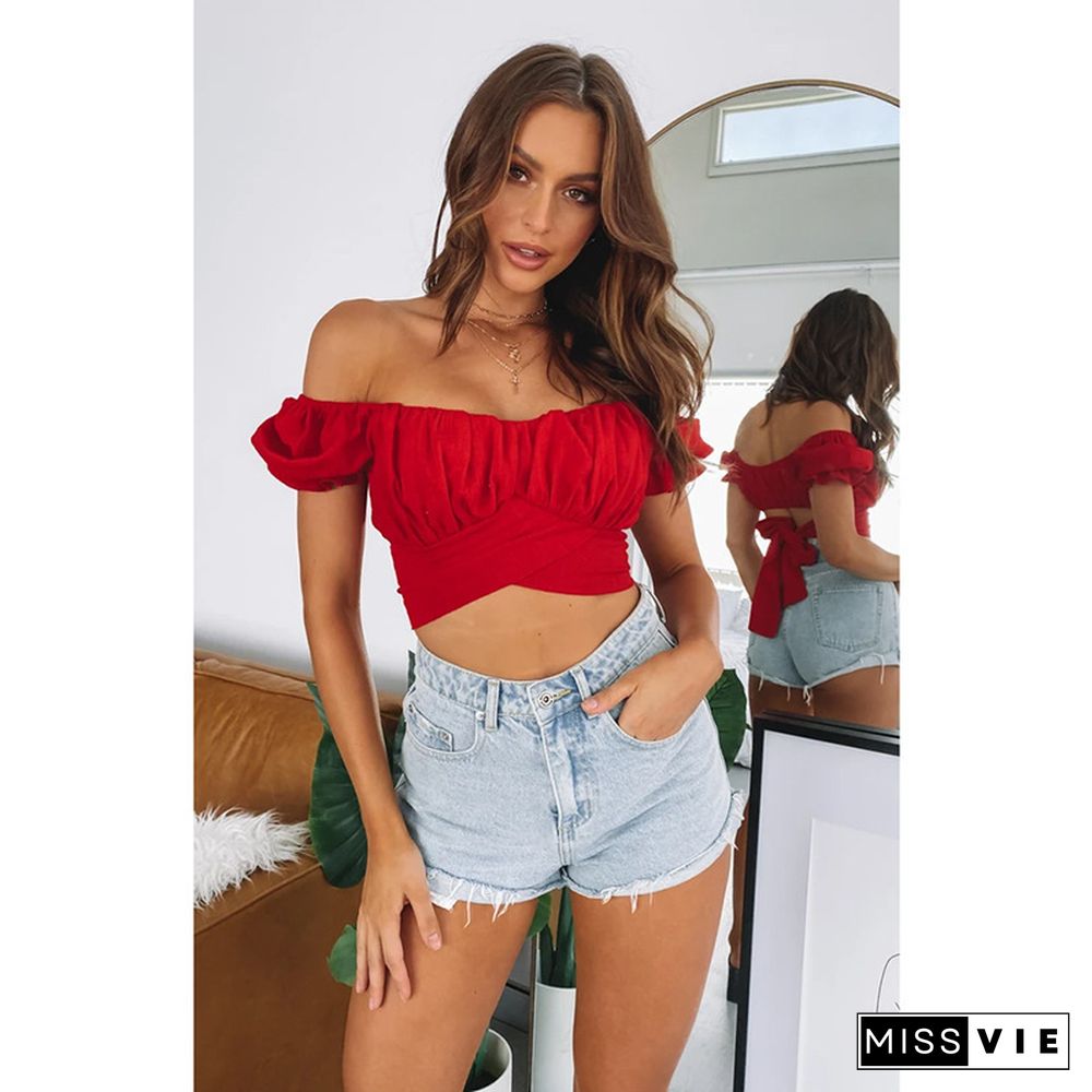 Bohemian Lantern Short-sleeved Umbilical Strap Short Shirt Pleated Solid Color Small Shirt Heritage Wrap Top