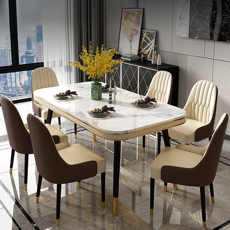 Homemys Modern Dining Table Marble Top With Stainless Steel Legs