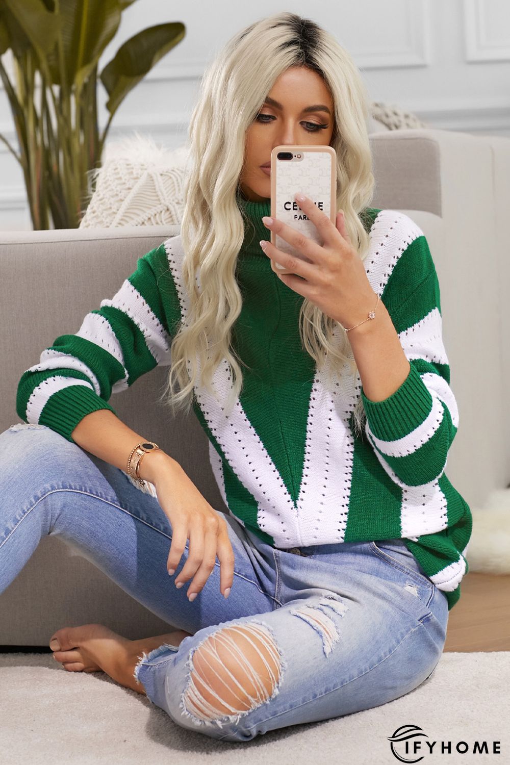 Green Striped Color Block Turtleneck Knitted Sweater | IFYHOME