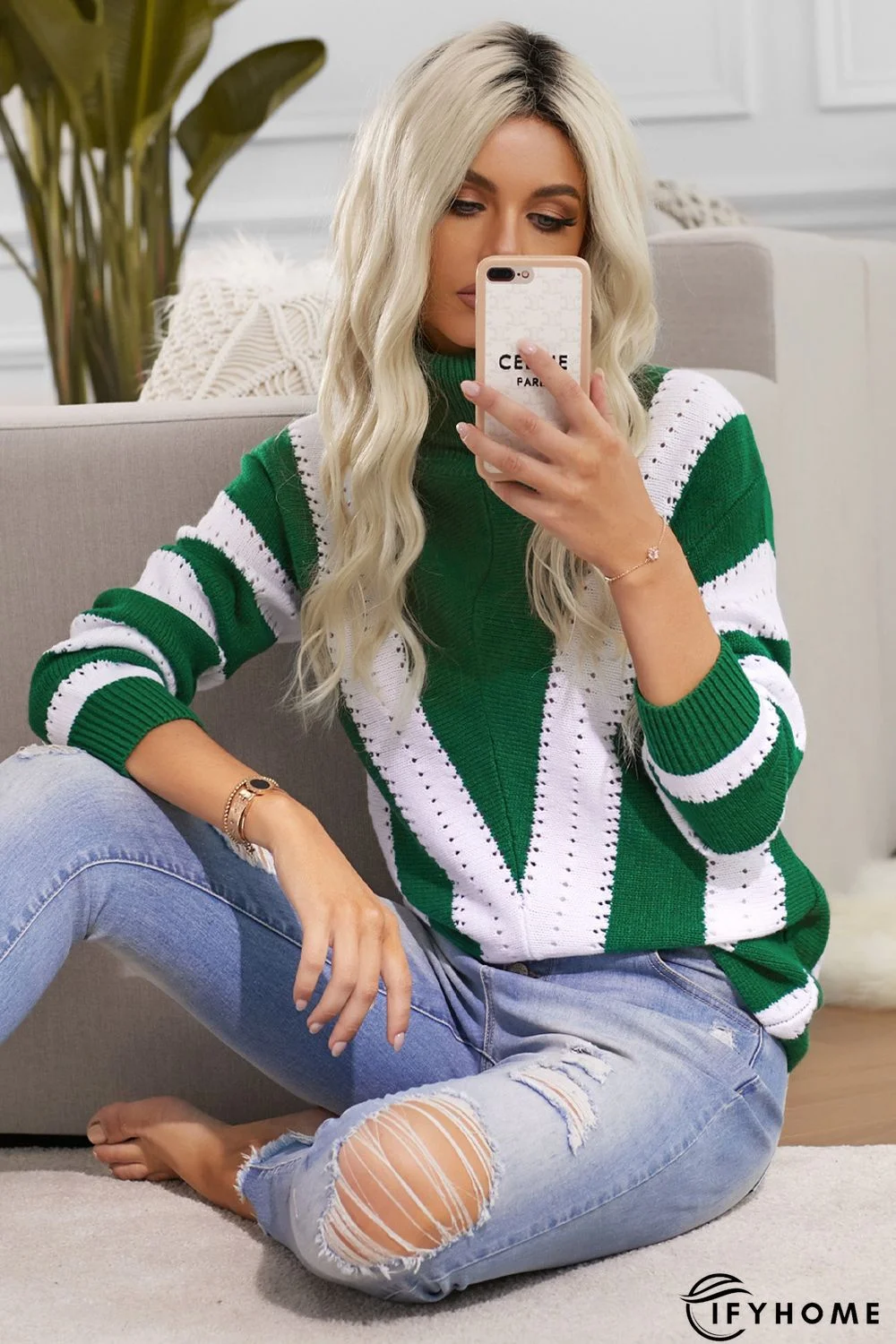 Green Striped Color Block Turtleneck Knitted Sweater | IFYHOME