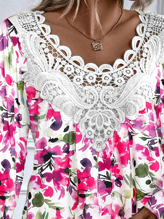 Women's Long Sleeve Scoop Neck Graphic Floral Printed Lace Top