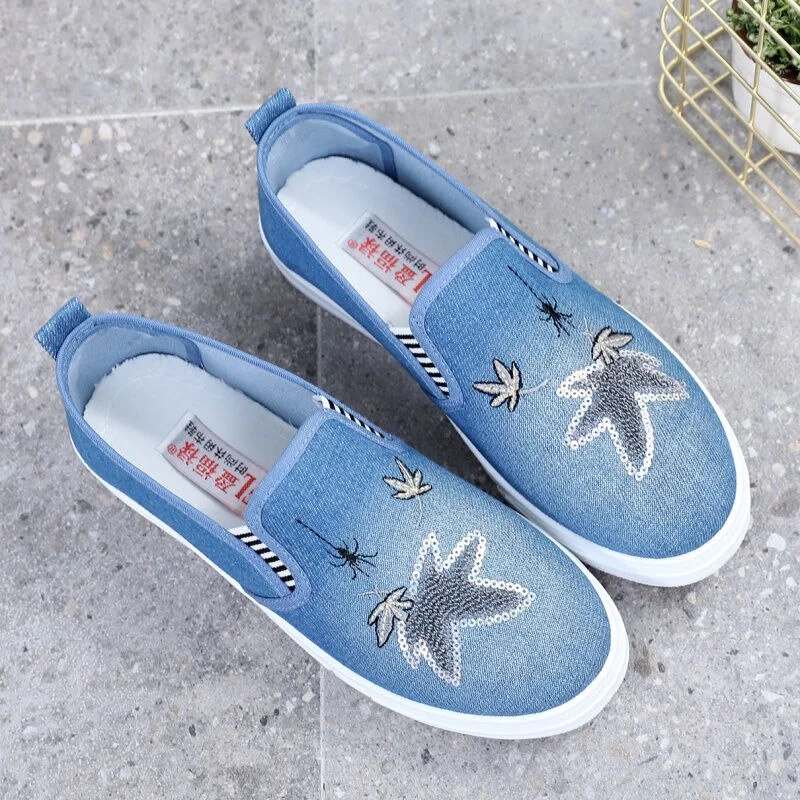 Qengg Women's Spring summer shoes comfortable denim canvas shoes with printings lady soft lazy loafers chaussures de dame