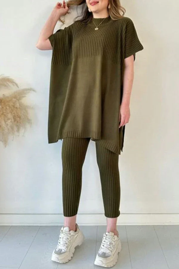 Casual Pleated Patchwork Slit Knitted Pants Suit
