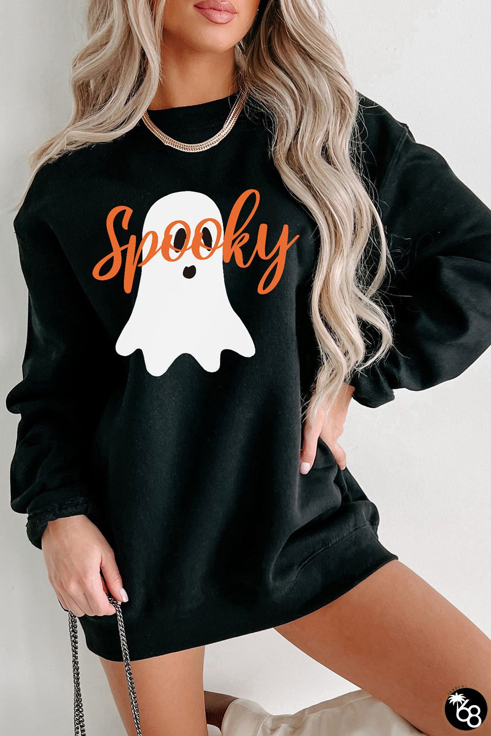 Black Halloween Spooky Ghost Print Crewneck Pullover Sweatshirt | 168DEAL