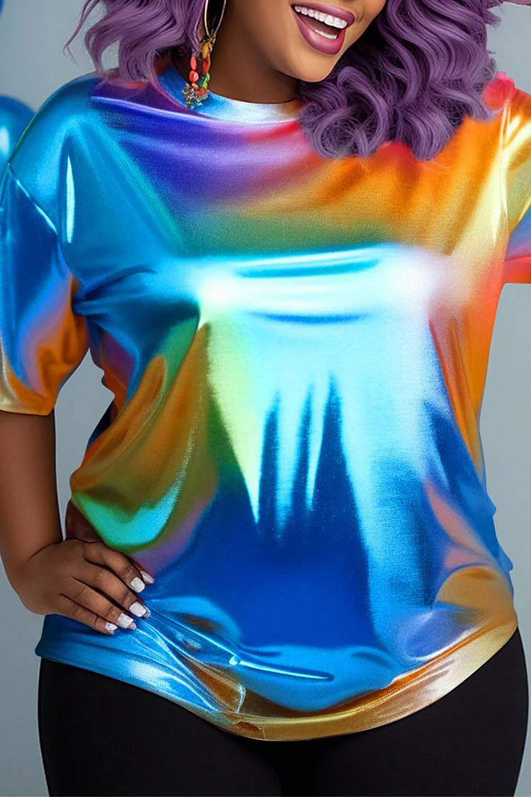 Xpluswear Design Plus Size Party Rainbow Casual All Over Print Round Neck Short Sleeve Metallic T-Shirts