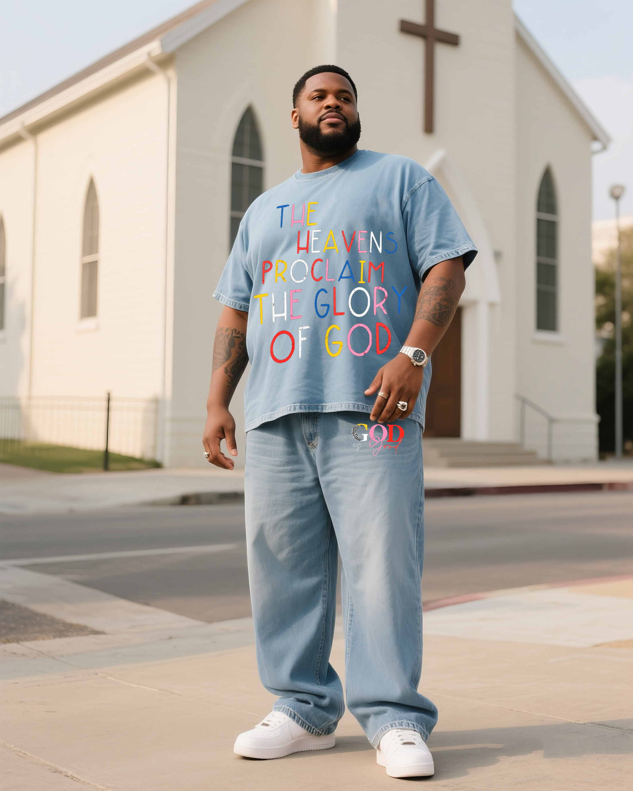 Plus Size Men Color Design GOD Denim T-Shirt Pants Suit