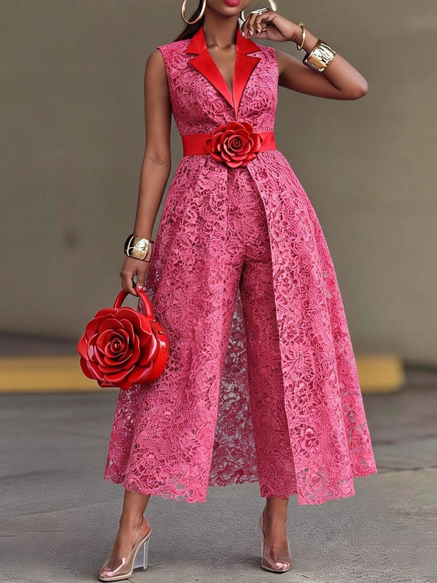 Elegant Plain Lapel Collar Vest With 3D Floral Belt mysite idetrend