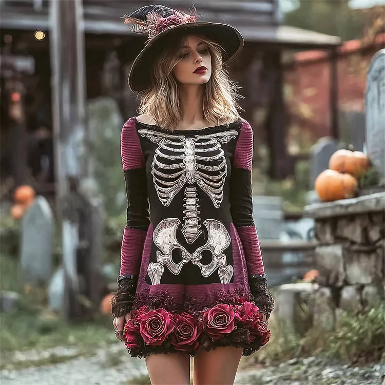 Halloween Witch Skeleton & Floral Women's Long-sleeve Mini Dress