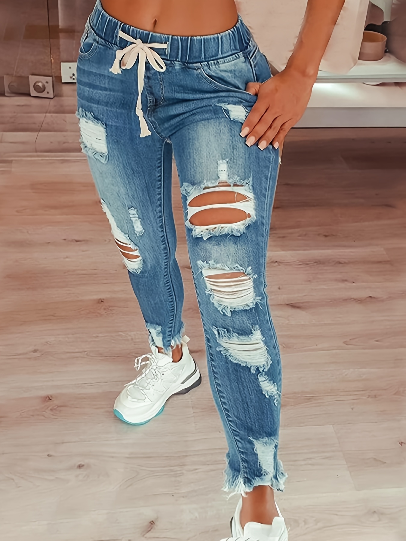 Women's Slim-Fit Stretch Denim Jeans With Elastic Drawstring Waist And Ripped Details - Casual Mid-Rise Skinny Pants, Black Distressed Polyester Blend For Casual Attire | IFYHOME