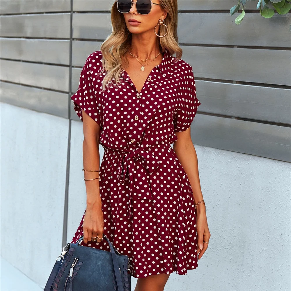 Dresses For Women 2021 Green Polka Dot Boho Mini Sexy Beach Party Dress Casual Office Lady Loose Elastic Waist Summer Sundress