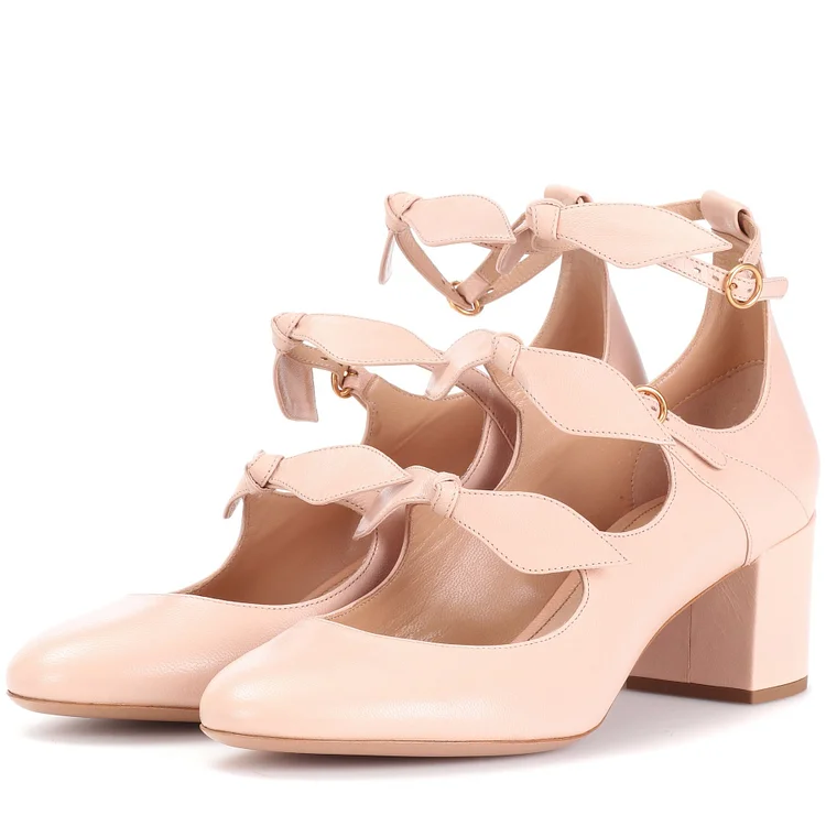 Blush Round Toe Bow Strappy Cute Mary Jane Shoes Block Heel Pumps |FSJ Shoes