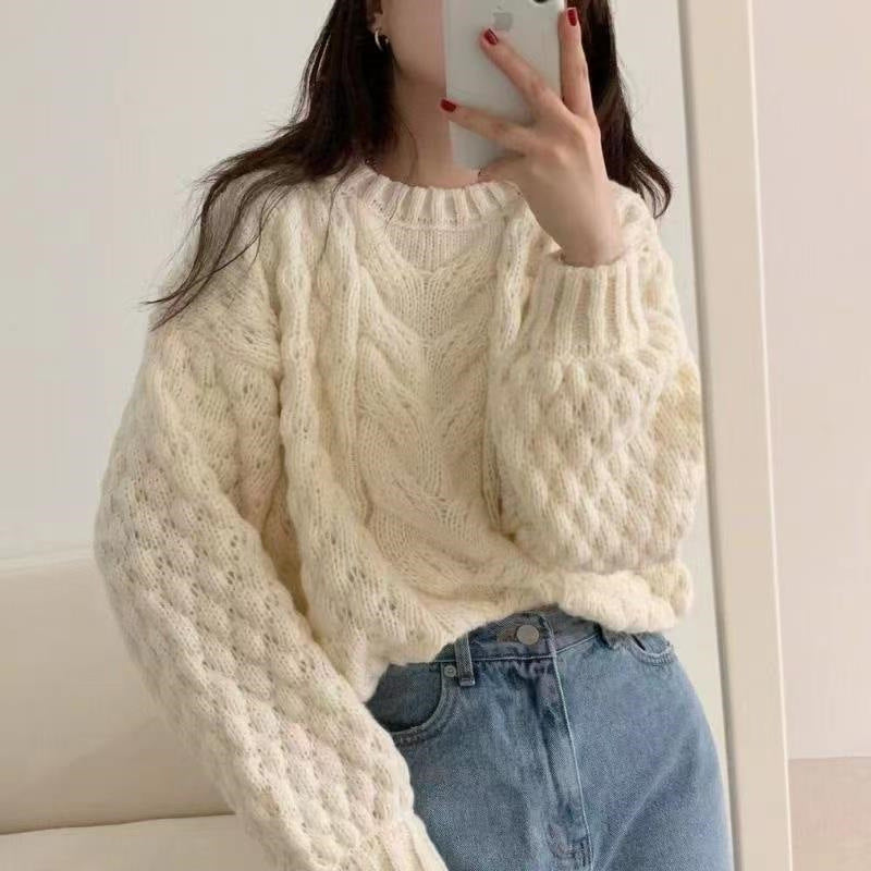 Aiertu winter date night outfits Autumn Retro Pullover Solid Color Long-Sleeved Sweater Coat Women's Lazy Style Loose Twist Women's Knitted Bottoming Shirt aiertu