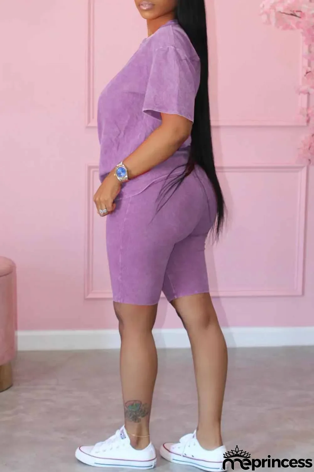 Purple Casual Print Letter O Neck Short Sleeve Two Pieces