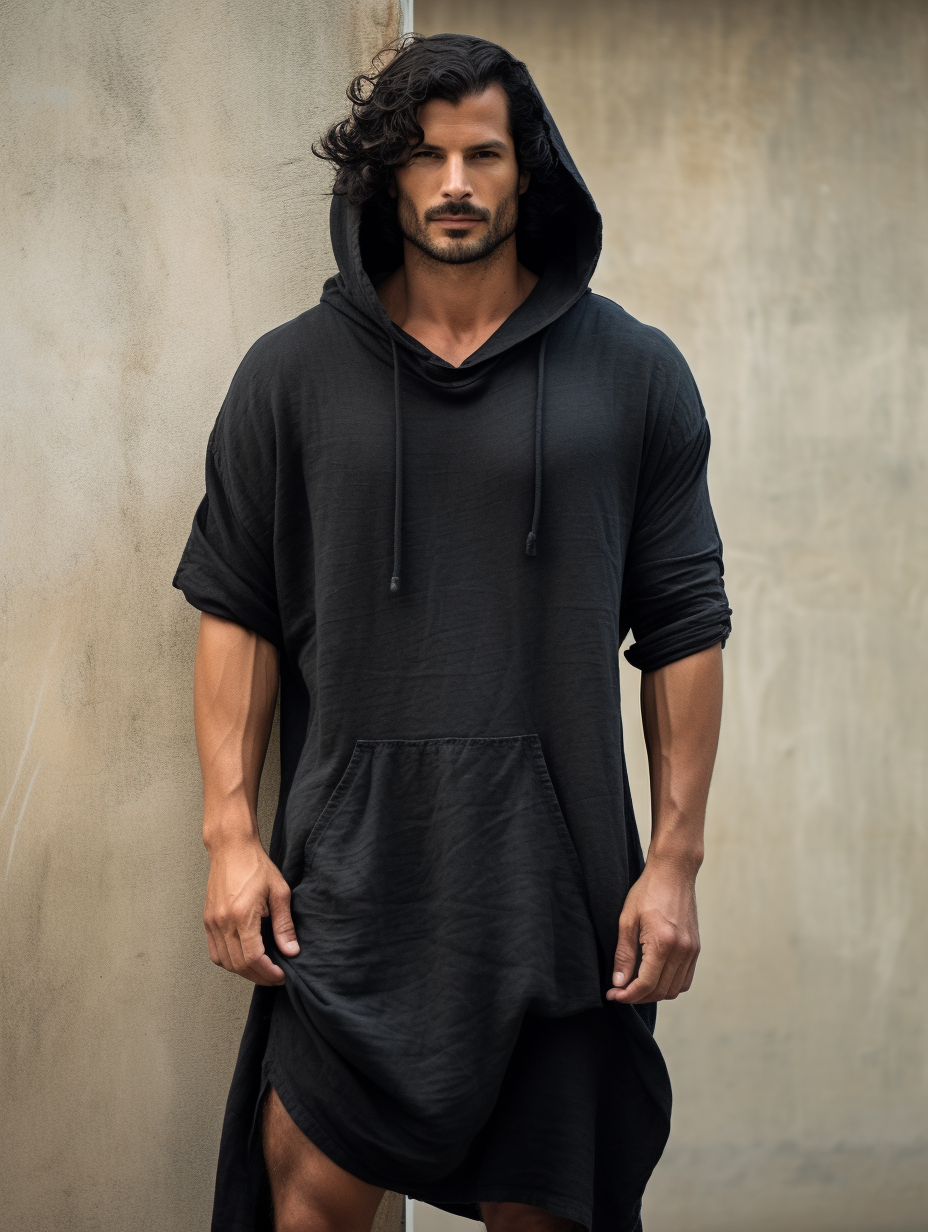 Black Men Linen Hoodie Kaftan Solid Long Caftan