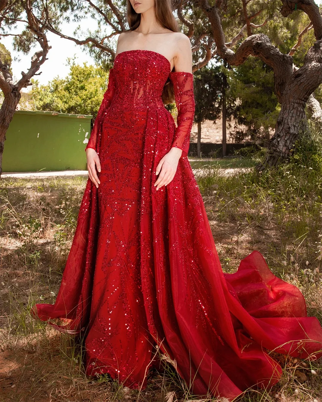 Women's Red Strapless Strapless Sequin Evening Dress - 01
