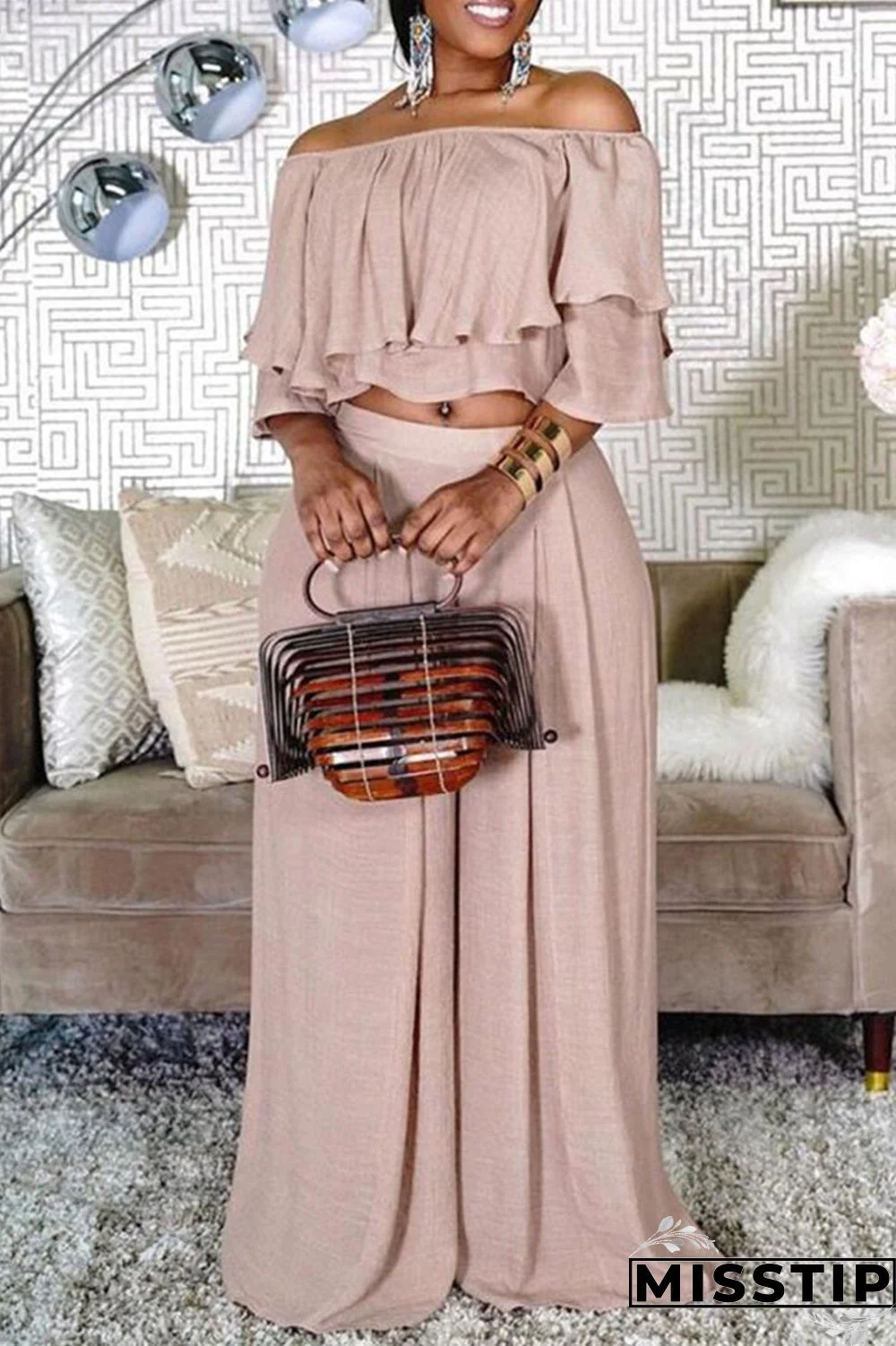 Blue Fashion Casual Solid Patchwork Off the Shoulder Half Sleeve Two Pieces