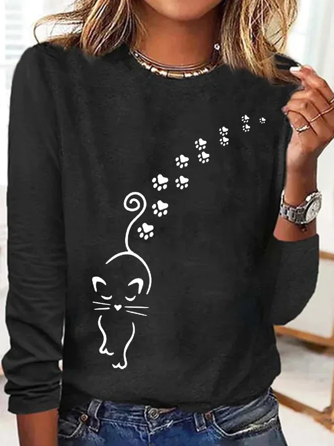 Women's Cat Walk Paw Print Letters Casual Top