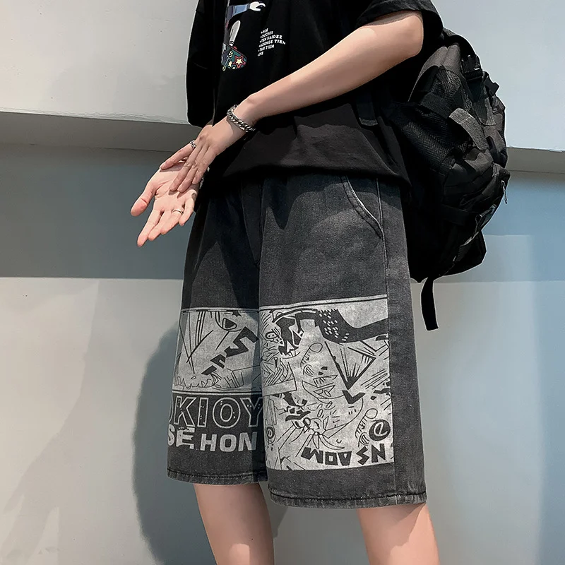 printed denim shorts men's loose jeans